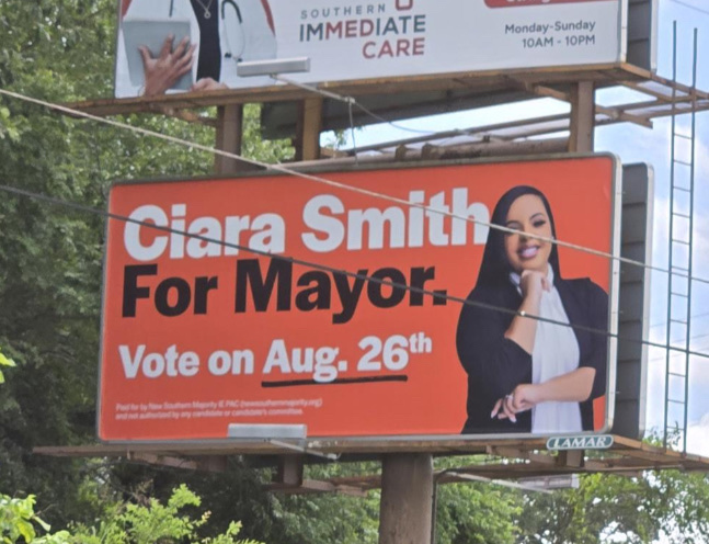 Billboard for mayoral candidate Ciara Smith.